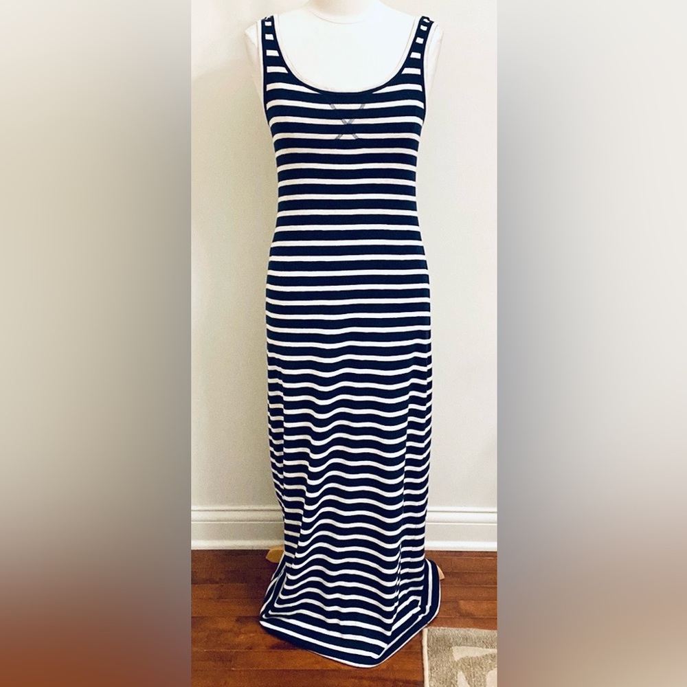 LOFT Navy Blue Cream Striped SZ S Yacht Rock Nautical Preppy Maritime Maxi Dress